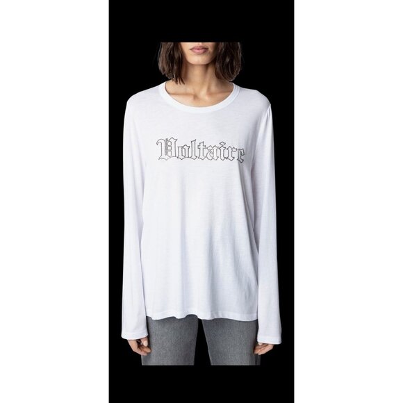 Zadig & Voltaire Alea Beaded Logo Cotton White Top Medium New With Tag - Picture 6 of 7